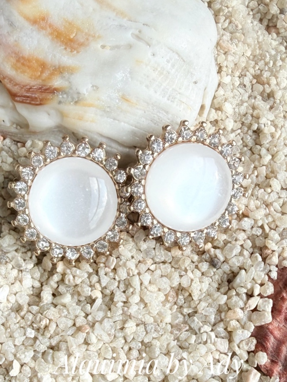 ACRYLIC White Mother-of-Pearl and Gold Halo Stud Earrings